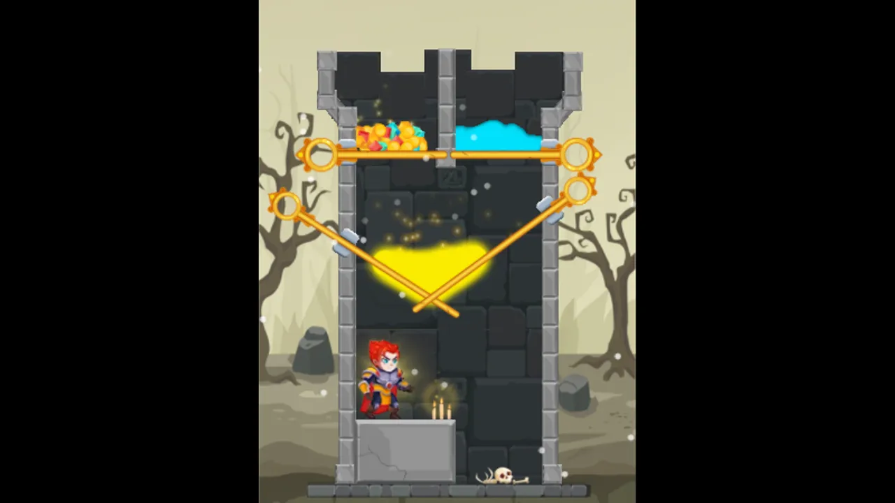 Level 1 of Hero Rescue Puzzle — gold and water held by pins above a glowing lava pool, the knight waiting at the bottom of the tower