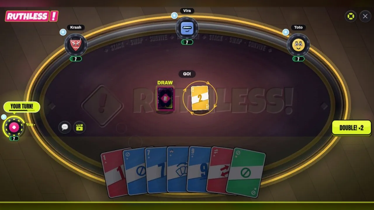 A four-player RUTHLESS! table with your seven cards along the bottom, a yellow 2 on the discard pile and the draw pile beside it