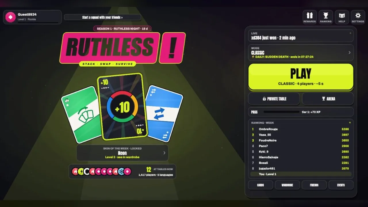 The RUTHLESS! lobby with the Play button, the private table and arena options, the season pass and the weekly ranking